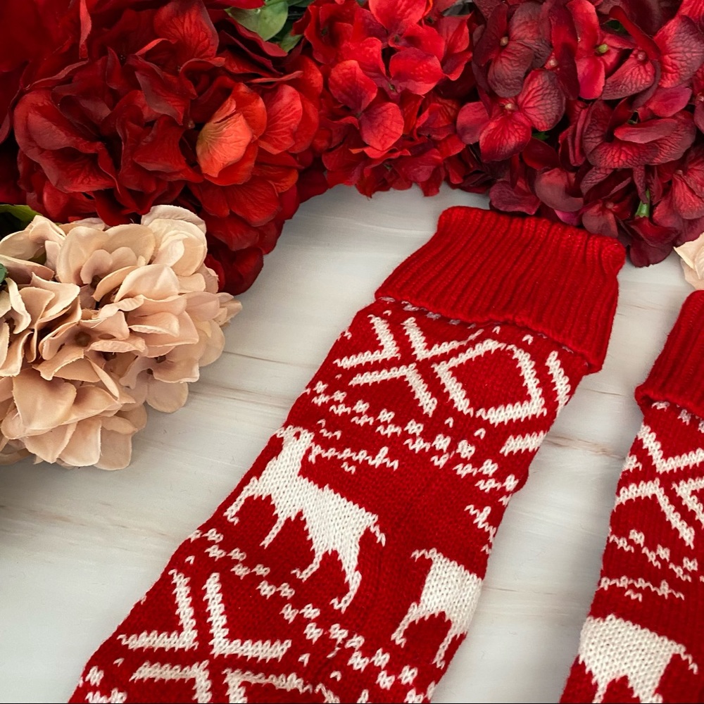 Sexy Over the Knee Red Knit Reindeer Snowflake Socks with Pom Poms - Picture 13 of 15